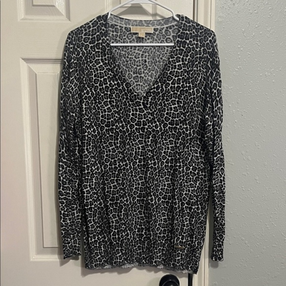 Michael Kors Black and Gray Leopard Print Long Sleeve Top